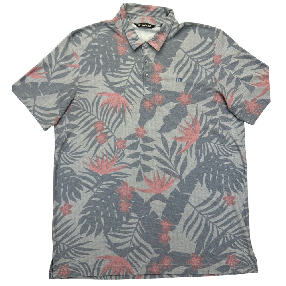 TravisMathew Mens XL Gray‎ Pink Tropical Floral Leaf Print Performance Golf Polo